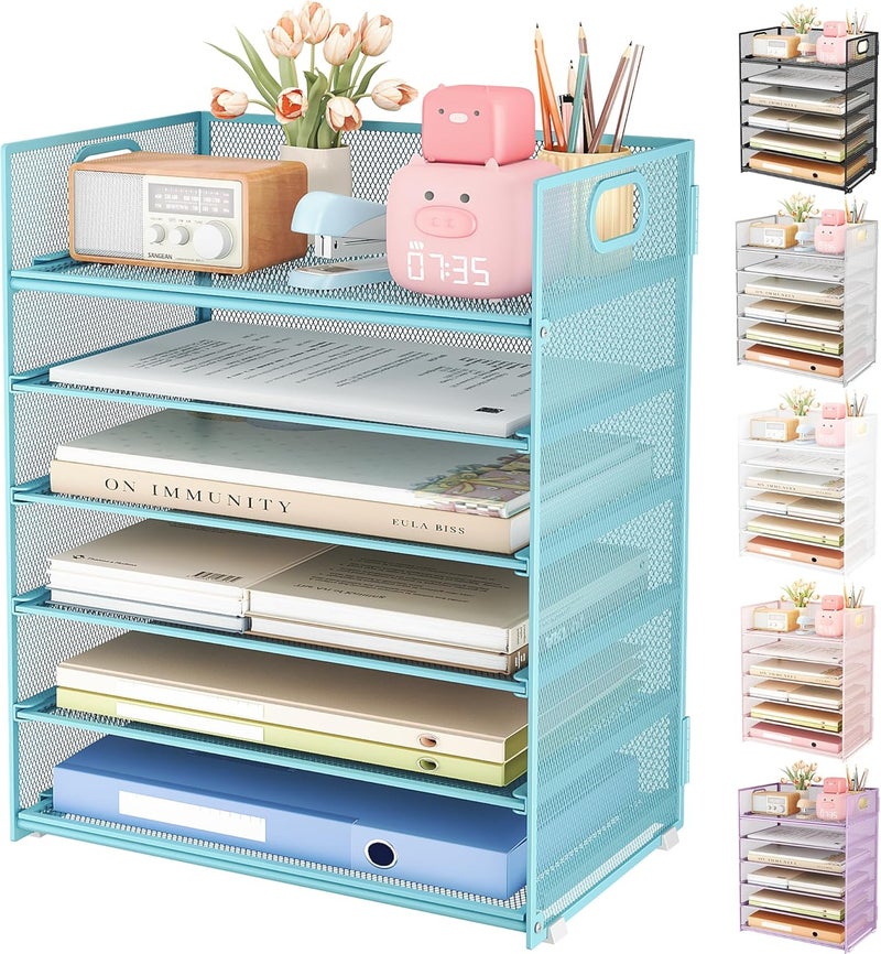 SUBEKYU 6 Tier Office File Paper Desk Tray Organizer with Handle, Stackable Slide Mesh Letter Tray Folder Blue Desk Organizer, Desktop Document Sorter for Classroom, Office, Home Supplies Storage - Image 1